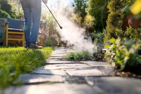 Person reinigt Gartenweg mit Dampfreiniger, entfernt Unkraut und Schmutz